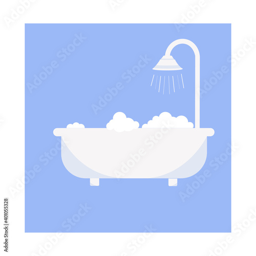 White bathtub in the bathroom. Vintage bath and soap foam bubbles on a blue background. Vector illustration.