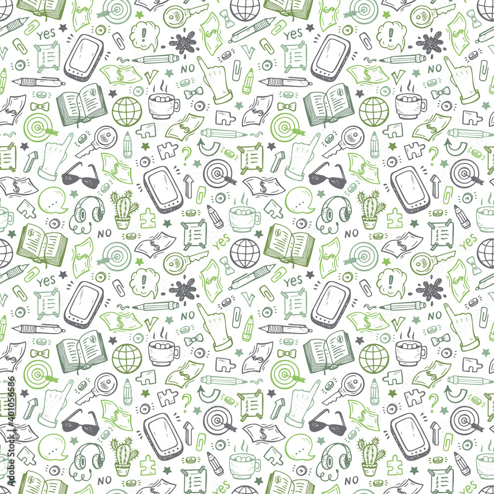 Doodle Business and Finance items Vector Seamless background
