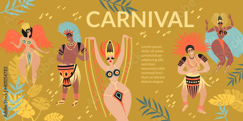 Brazilian carnival banner with cartoon characters of dancers and drummers in traditional costumes and headdresses for samba.