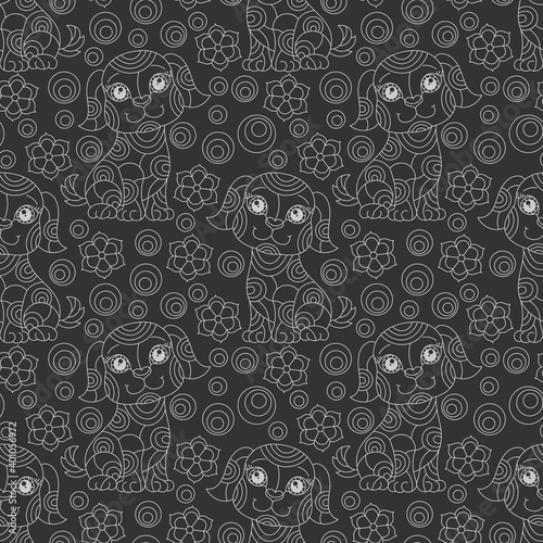 Seamless pattern with contour cartoon dogs and flowers in stained glass style, light outlines on a dark background