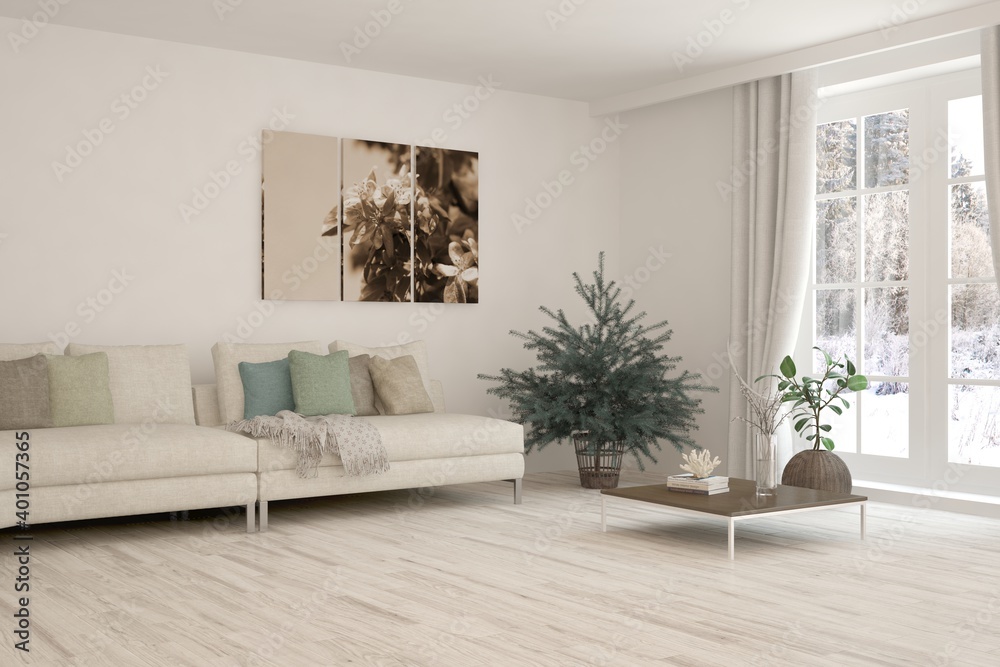 Fototapeta premium White living room with sofa. Scandinavian interior design. 3D illustration