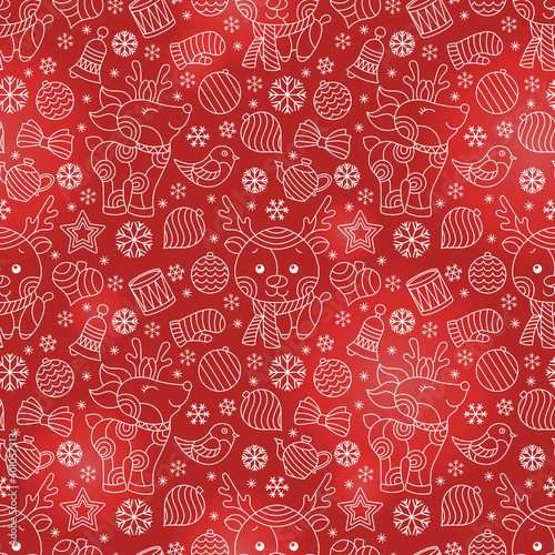 Seamless pattern on the theme of New year and Christmas,contour Christmas tree toys, deers and snowflakes, light outlines on a red background