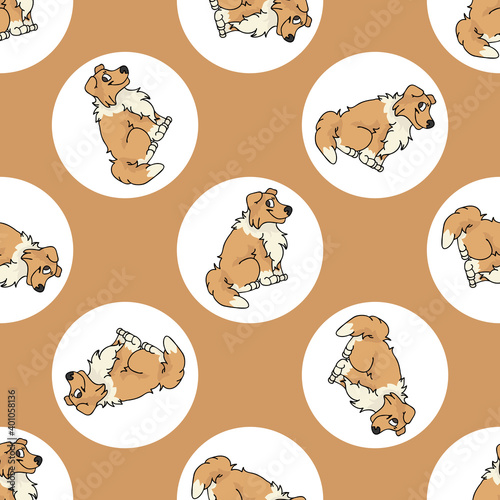 Hand drawn cute Rough Collie dog breed in polka dot seamless vector pattern. Purebread pedigree puppy domestic on dotty background. Dog lover toy dog all over print. Kennel club pooch. 