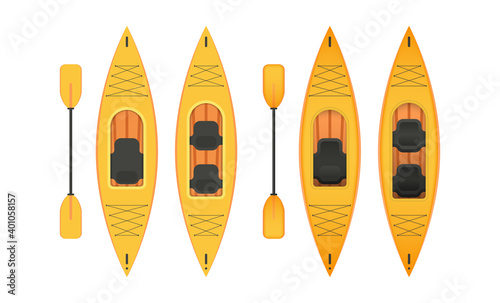 Set of yellow kayak with paddles. Flat and cartoon style. For kayaking and rowing design. Isolated. Vector.