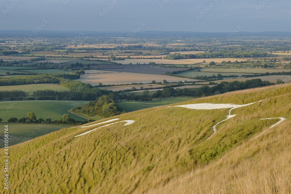 English countryside from White Horse Hill Uffington with chalk drawing of ancient White Horse