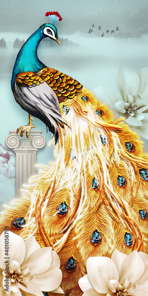 3d mural art peacock with golden flowers and classic background . paint  canvas illustration art with flowers , decorative and golden Jewelery  wallpaper . colored peacocksuitable for wall frames Stock Illustration |  Adobe Stock