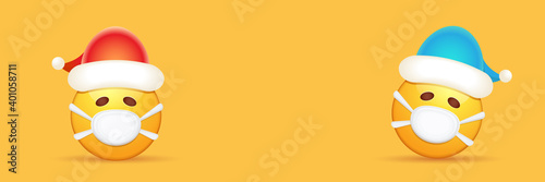 Vector Christmas horizontal banner with funky Emoji sticker with mouth medical protection mask and santa claus red hat isolated on orange background. Yellow santa doctor smile face character set