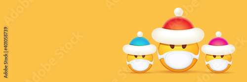 Vector Christmas horizontal banner with funky Emoji sticker with mouth medical protection mask and santa claus red hat isolated on orange background. Yellow santa doctor smile face character set