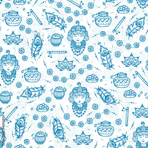 Vector Seamless pattern for Indian fest Shri Krishna Janmashthami. Background with Indian Holiday Symbols: Pots of Yoghurt, Baby Krishna portrait, Peacock Feathers, Flute, Flowers
