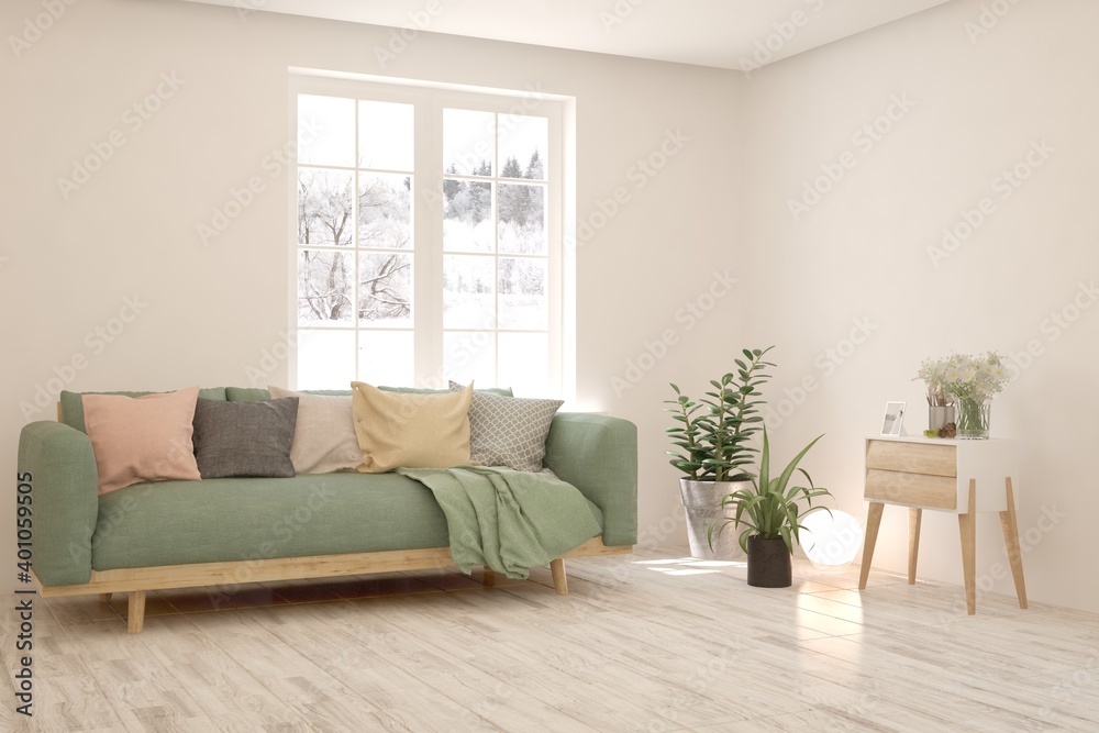 Fototapeta premium White living room with sofa and winter landscape in window. Scandinavian interior design. 3D illustration