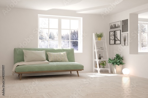 White living room with sofa and winter landscape in window. Scandinavian interior design. 3D illustration