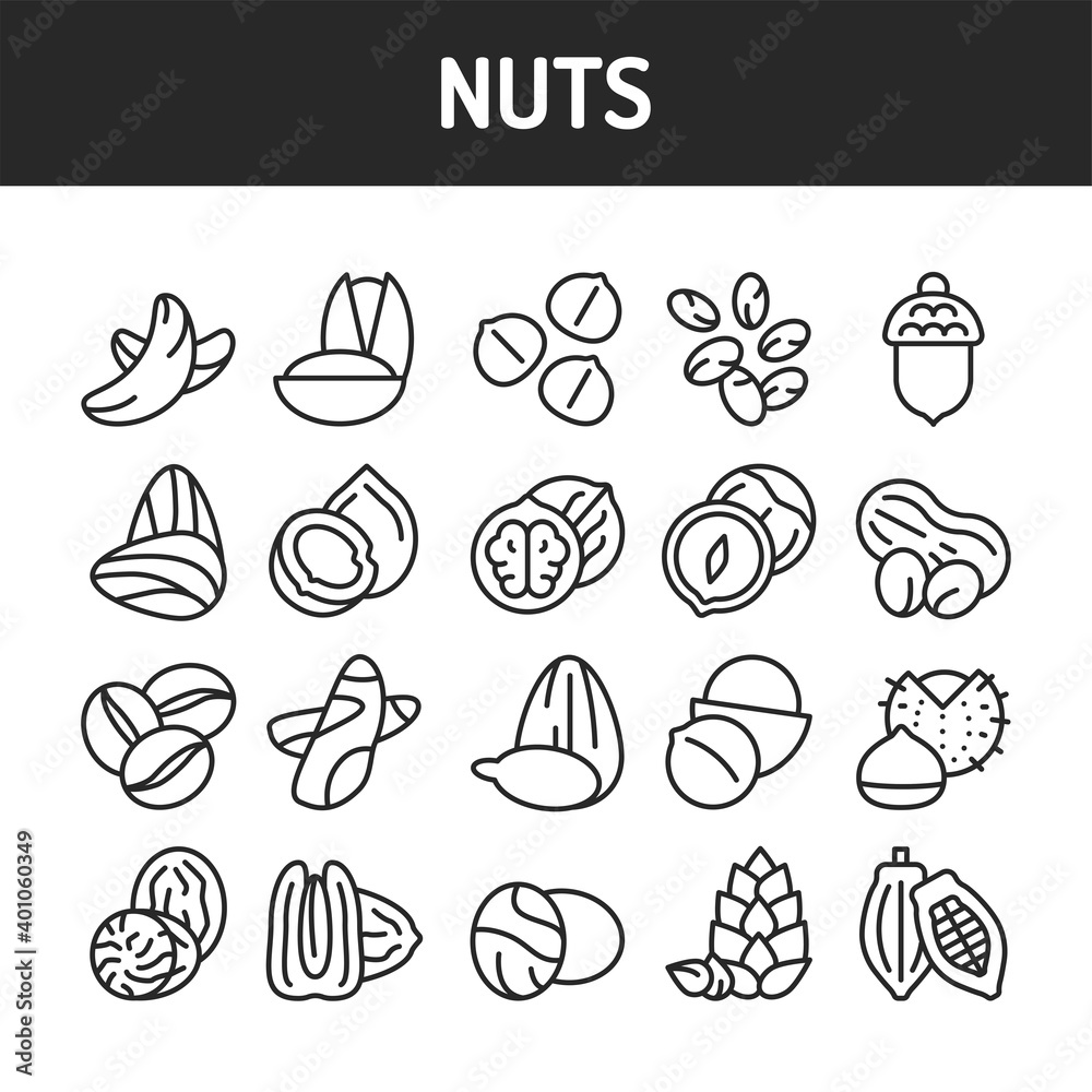Nuts and seeds black line icons set. Isolated vector element. Outline pictograms for web page, mobile app, promo Nuts and seeds black line icons set. Isolated vector element. Outline pictograms for web page, mobile app, promo