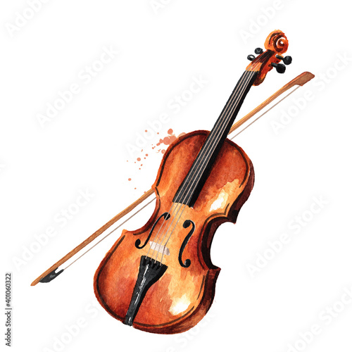 Retro wooden brown violin with bow music string instrument. Hand drawn watercolor illustration isolated on white background