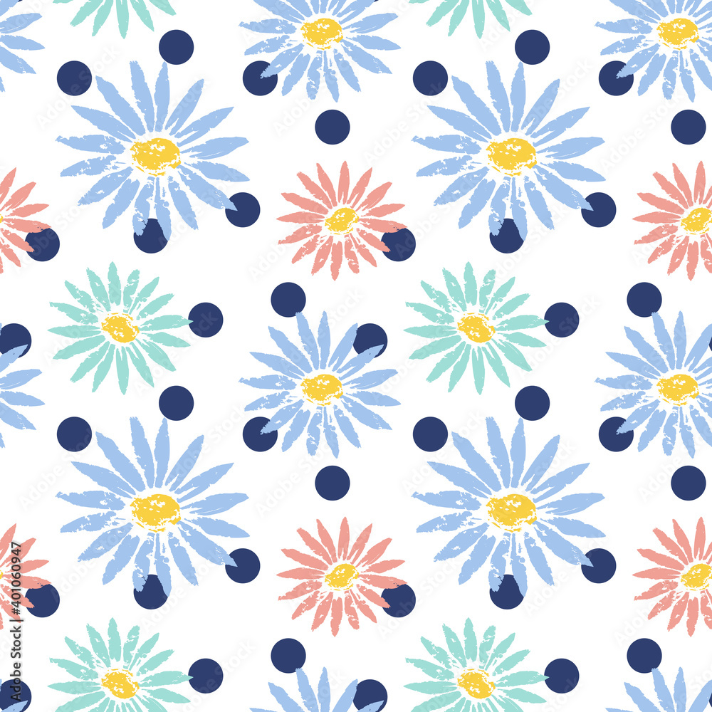 Flower polka dots hand drawn seamless pattern