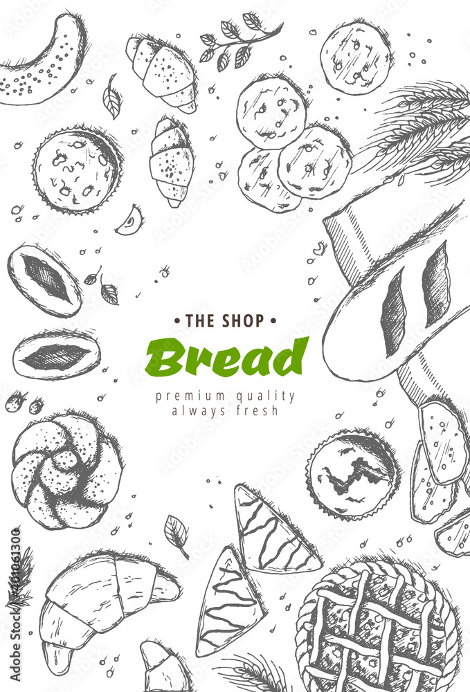 Bakery background. Linear graphic. Bread and pastry collection. Bread house. Engraved top view illustration. Flat lay. illustration.