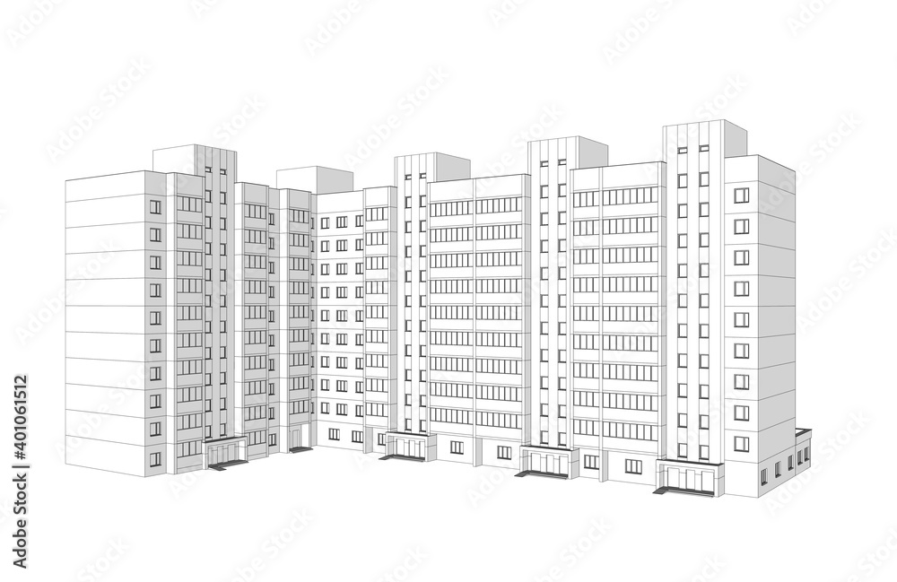 Fototapeta premium Multi-storey residential building rendered isolated on a white background with shadows. Sketch style