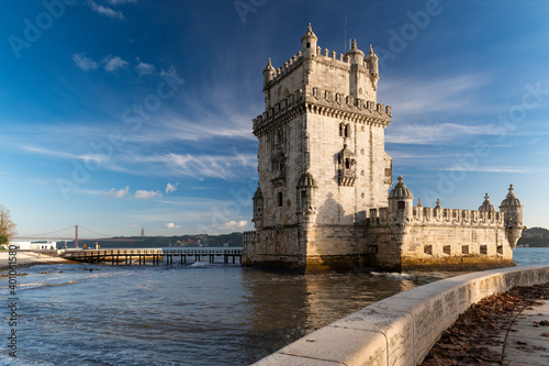 The iconic Belem Tower by the Tagus River (Rio Tejo) in the city of Lisbon, Portugal