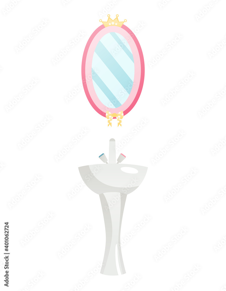 Bathroom interior with mirror and washbasin on white background. cartoon illustration in a flat design. Oval mirror Bathroom interior with mirror and washbasin on white background. cartoon illustration in a flat design. Oval mirror