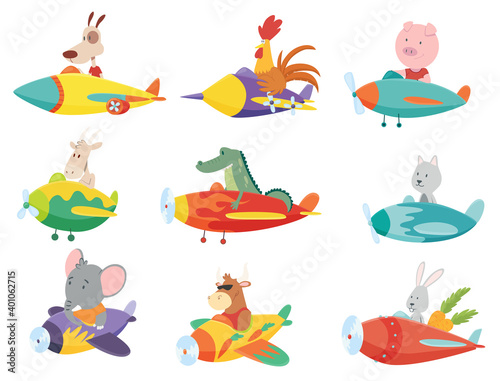 Colored set of kids transport with cute little animals flying on planes. Collection of funny pilots. Children cartoon illustration