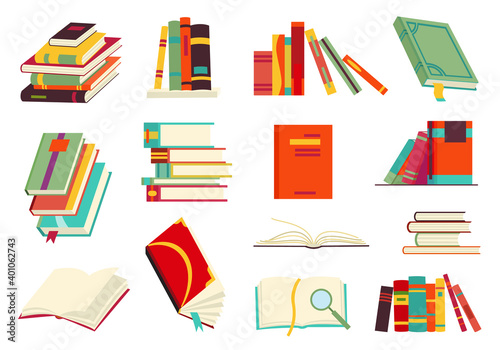 Collecction of various books, stack of books, notebooks. Reading, learn and receive education through books. Read more books. Hand drawn educational illustration. Flat design style
