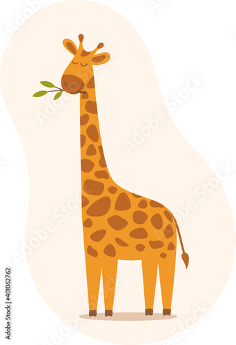 Cute cartoon trendy giraffe with closed eyes. African animal wildlife vector illustration in flat style.