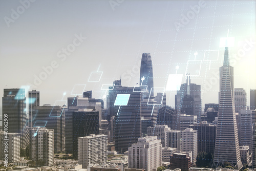 Double exposure of virtual creative financial diagram on San Francisco office buildings background  banking and accounting concept