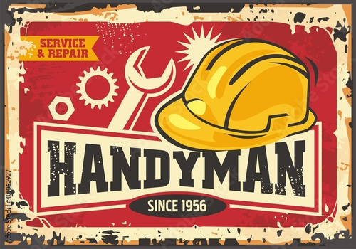 Handyman retro ad with yellow safety helmet, tools and gears. Old sign for house service and maintenance. Vector commercial signboard in vintage style. Construction and home keeping theme.
