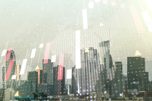 Wallpaper Mural Multi exposure of virtual creative financial graph and world map on Los Angeles city skyline background, forex and investment concept Torontodigital.ca