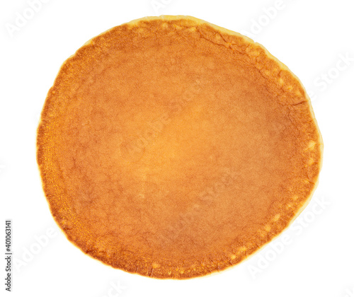 Pancake isolated on a white background, top view. One plain pancake. Dorayaki.