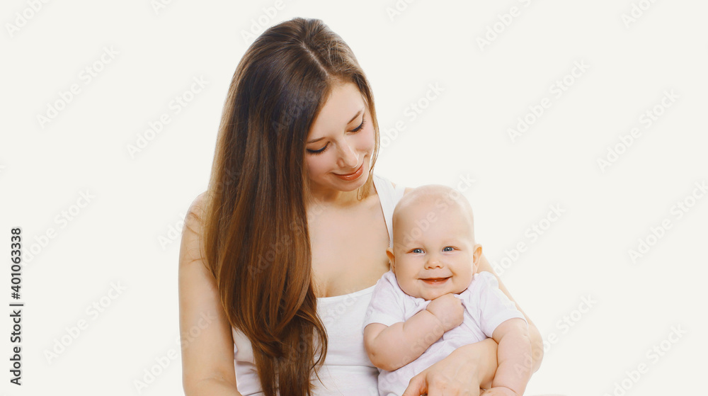 Portrait of happy smiling mother and baby playing together over a white background Portrait of happy smiling mother and baby playing together over a white background