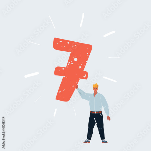 Vector illustration of man holding number 7 seven sign in his hands on white background.
