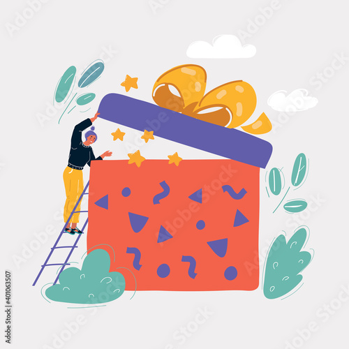 Vector illustration of woman unpacked big gift box.