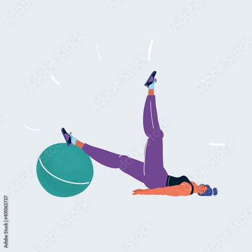 Vector illustration of a girl exercising with inflatable ball on white background.