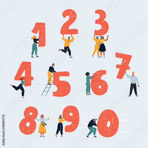 Vector illustration of little people with numbers. Tiny people with one, two, thee, four, five, six, seven, eight, nine, zero on white background.