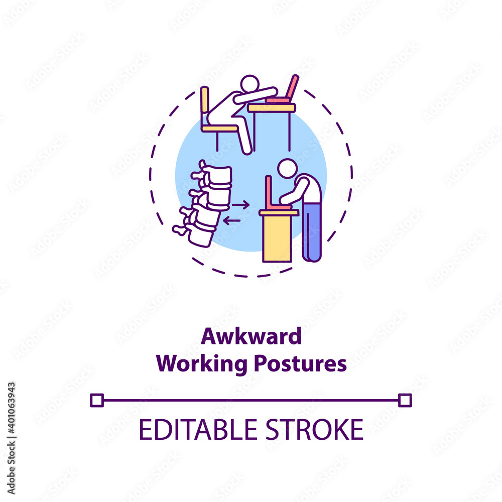Awkward working postures concept icon. Ergonomic stressor idea thin line illustration. Performing work activities. Increasing muscle force. Vector isolated outline RGB color drawing. Editable stroke