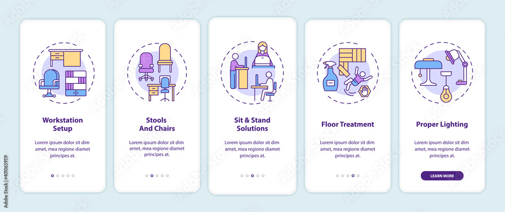 Workplace design onboarding mobile app page screen with concepts. Work station setup, sit and stand solutions walkthrough 5 steps graphic instructions. UI vector template with RGB color illustrations
