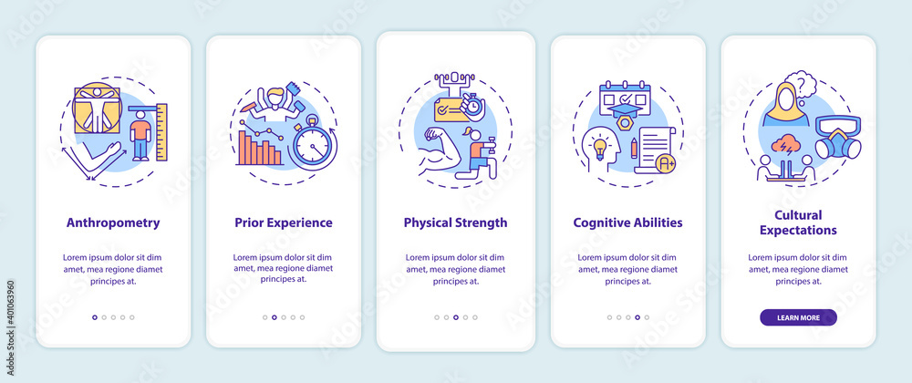 Human factors in ergonomics onboarding mobile app page screen with concepts. Anthropometry, physical strength walkthrough 5 steps graphic instructions. UI vector template with RGB color illustrations