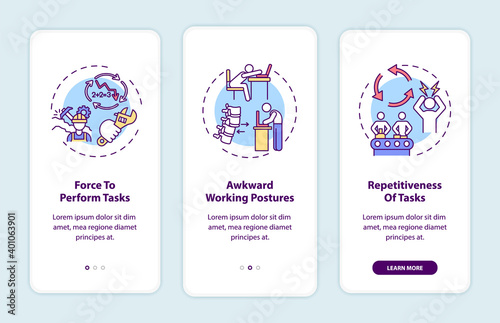 Ergonomic stressors onboarding mobile app page screen with concepts. High force loads, awkward postures walkthrough 3 steps graphic instructions. UI vector template with RGB color illustrations