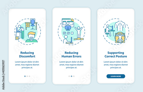Ergonomic design benefits onboarding mobile app page screen with concepts. Reducing discomfort, human errors walkthrough 3 steps graphic instructions. UI vector template with RGB color illustrations