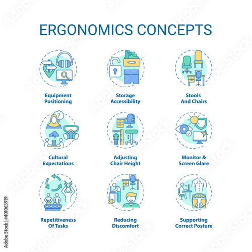 Ergonomics concept icons set. Safe and healthful workplace idea thin line RGB color illustrations. Reducing discomfort. Equipment positioning. Vector isolated outline drawings. Editable stroke