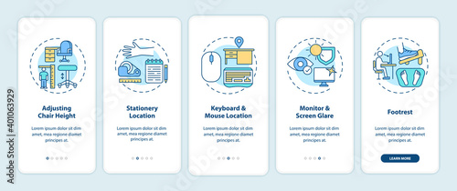 Office ergonomics tips onboarding mobile app page screen with concepts. Chair height, stationery location walkthrough 5 steps graphic instructions. UI vector template with RGB color illustrations
