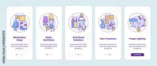 Workplace design onboarding mobile app page screen with concepts. Work station setup, sit and stand solutions walkthrough 5 steps graphic instructions. UI vector template with RGB color illustrations