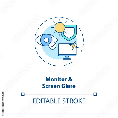 Monitor and screen glare concept icon. Office ergonomics tip idea thin line illustration. Adjusting monitor brightness. Viewing distance. Vector isolated outline RGB color drawing. Editable stroke