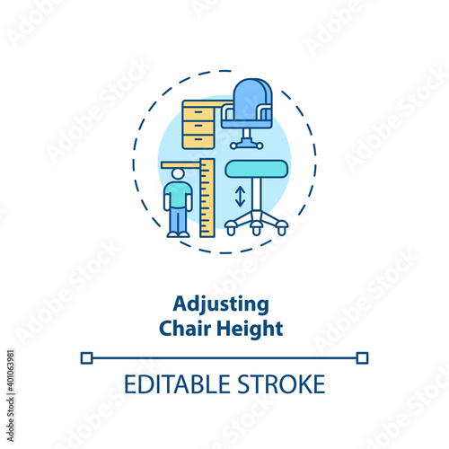 Adjusting chair height concept icon. Office ergonomics tip idea thin line illustration. Comfortable seating position. Reducing back pain. Vector isolated outline RGB color drawing. Editable stroke