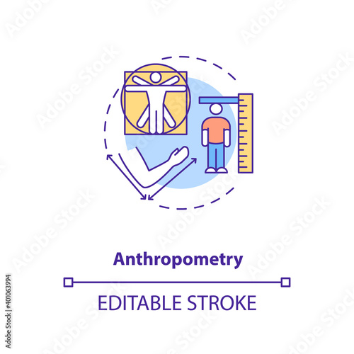 Anthropometry concept icon. Human factor in ergonomics idea thin line illustration. Physical attributes measurement. Setting up workstation. Vector isolated outline RGB color drawing. Editable stroke