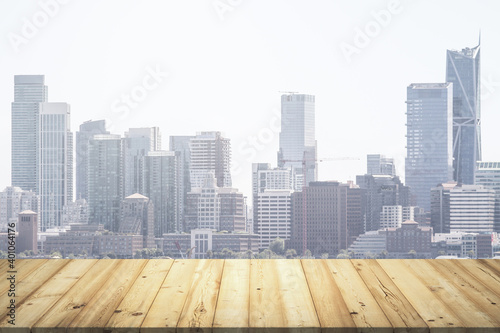 Table top made of wooden dies with beautiful San Francisco skyline on background, mockup