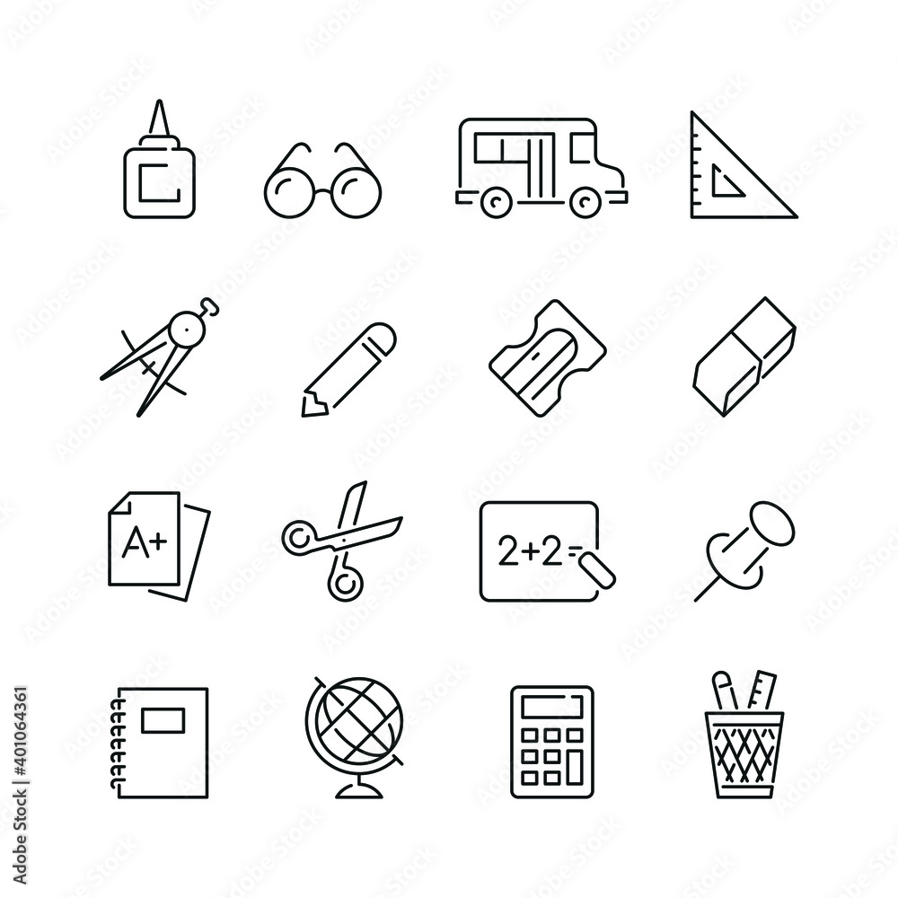 School supplies related icons: thin vector icon set, black and white kit School supplies related icons: thin vector icon set, black and white kit