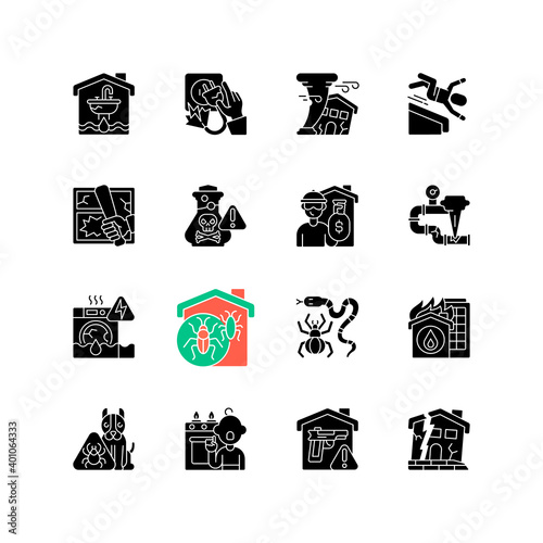 Home damage black glyph icons set on white space. Preventing house hazards. Flooding, water leak. Electric shock. Fall risks. Property crime. Burglary. Silhouette symbols. Vector isolated illustration