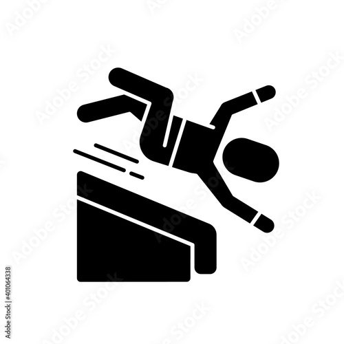 Falling from height black glyph icon. Fall risks. Home accidents. Slippery wet surfaces. Basement stairway. Fall-related injuries. Silhouette symbol on white space. Vector isolated illustration