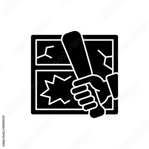 Vandalism black glyph icon. Property crime. Causing home damage and destruction. Breaking windows. Ransacking houses. Malicious mischief. Silhouette symbol on white space. Vector isolated illustration